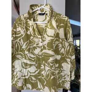 Unique Spectrum by MLLE Womens blouse L green white botanical 100% cotton
